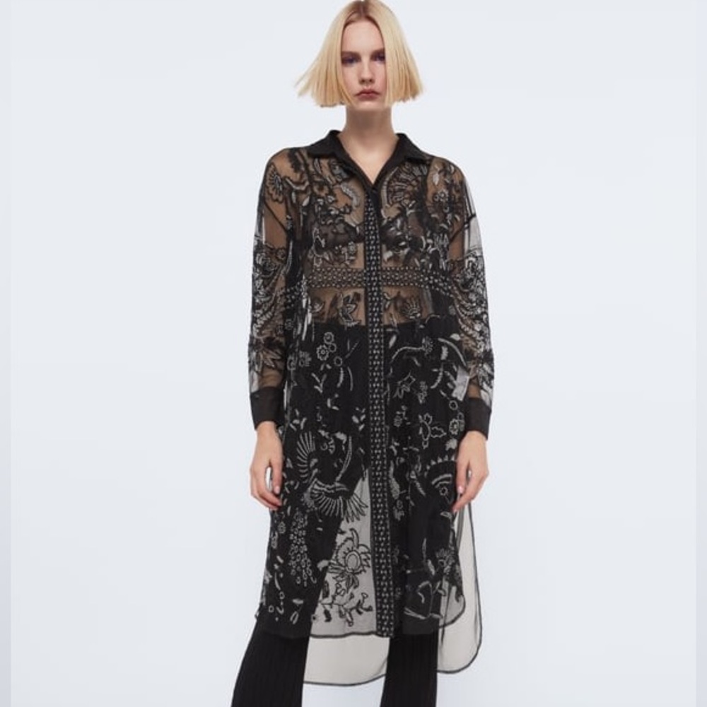 ZARA LONGLINE EMBROIDERED TULLE BLOUSE
